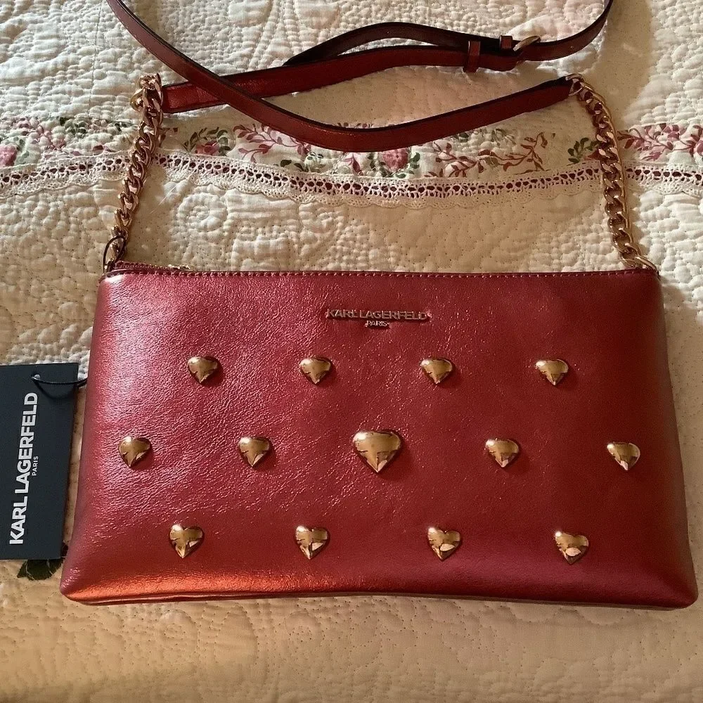 KARL LAGERFELD KAROLINA LIGHT METALLIC RED CRANBERRY CROSSBODY NEW WITH …